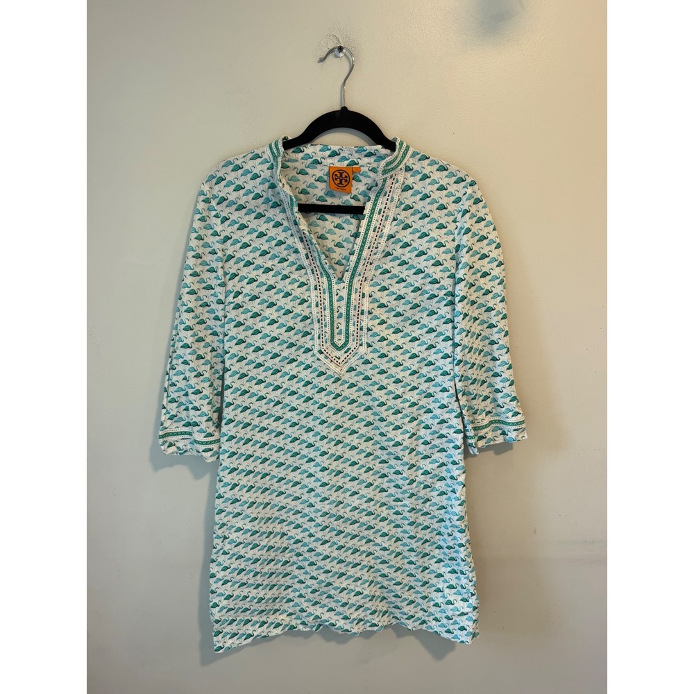 Tory Burch Flamingo Print Tunic Top Teal Green Embroidered  Neck Size 4 *FLAW